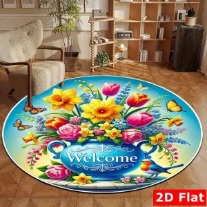 Welcome Flower Vase Round Rug Flannel Bright Spring Garden Theme Entryway Kitchen Bathroom Decor Non Slip Washable Floor Mat